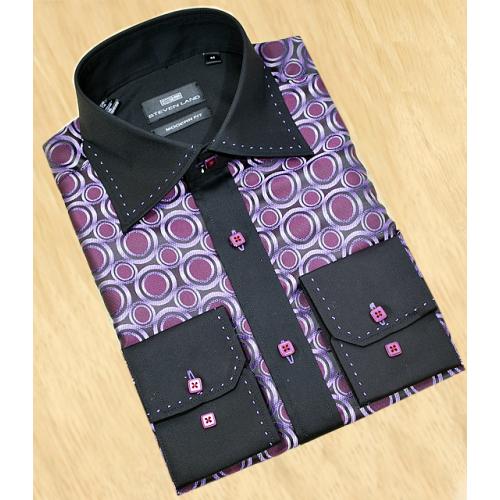 Steven Land Black Violet Circular Design With Violet  Hand-Pick Stitching 100% Cotton Dress Shirt DS 980